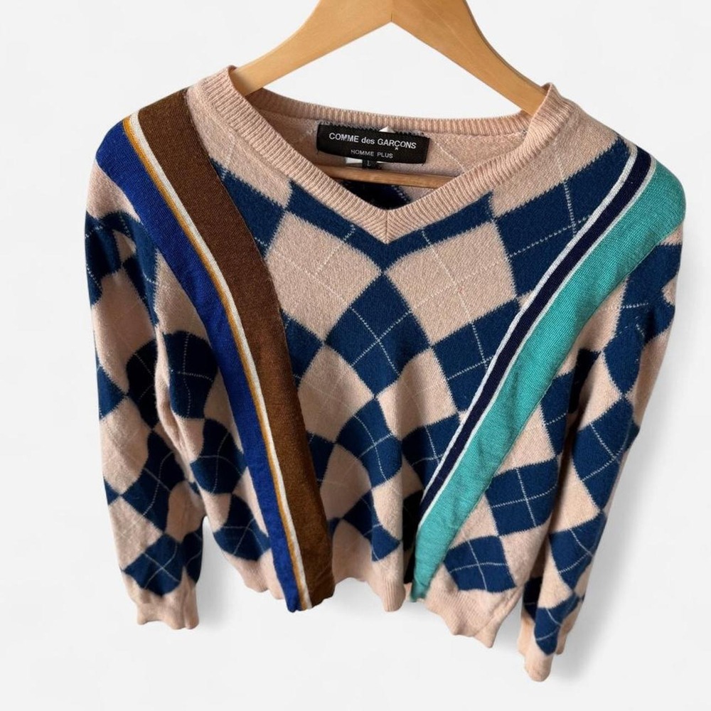 Comme des Garcons Homme Plus Multicolour Argyle V-Neck Sweater Tan Blue Large